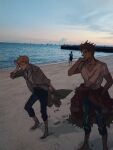  2boys aaron_(buddy_mission_bond) barefoot brown_hair buddy_mission_bond collared_shirt dusk highres long_coat luke_(buddy_mission_bond) multiple_boys ocean pants red_hair shirt si_ming sleeves_rolled_up spiked_hair 