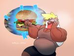  ahegao anthro bear belly big_muscles blush blush_lines bodily_fluids burger clothing drooling food giant_panda krabby_patty looking_pleasured male mammal mega-glitch mohawk musclegut muscular saliva shirt solo tank_top tobio tongue tongue_out topwear 