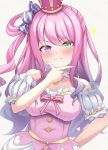  1girl :3 bare_shoulders blush breasts crown green_eyes hand_on_own_hip heterochromia highres himemori_luna hololive long_hair looking_at_viewer pink_hair purple_eyes side_ponytail simple_background solo suicabar72 virtual_youtuber white_background 