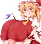  1girl ascot blonde_hair blush breast_hold breasts closed_mouth collared_shirt commentary_request covered_nipples cowboy_shot crystal_wings flandre_scarlet frilled_shirt_collar frills gigantic_breasts hat hat_ribbon highres impossible_clothes impossible_shirt large_areolae mob_cap monaka_(gatinemiku) nipples pointy_ears puffy_short_sleeves puffy_sleeves red_eyes red_ribbon red_skirt red_vest ribbon shirt short_hair short_sleeves side_ponytail skirt solo sweat tongue tongue_out touhou underboob v-shaped_eyebrows vest white_background white_headwear white_shirt wings wrist_cuffs yellow_ascot 