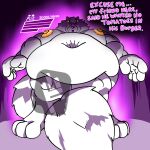  1:1 angry anthro aura barazoku belly big_belly boss_fight canid canine canis cel_shading complaining dialogue digital_media_(artwork) domestic_dog english_text eyes_closed fluffy fluffy_tail fujiyama_kenhaku fujiyama_samoyed_(artist) fur gameplay_mechanics gui hair health_bar hindpaw huge_belly humanoid_hands hyper looking_at_viewer looming looming_over low-angle_view macro male mammal micro_pov navel nipples nordic_sled_dog nude obese obese_anthro obese_male overweight overweight_anthro overweight_male pattern_background pawpads paws purple_aura samoyed shaded simple_background size_difference solo spitz tail text thick_thighs white_body white_fur worm&#039;s-eye_view yellow_nipples 