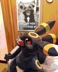  angry animal_focus artist_name bed black_fur cabinet closet colored_sclera commentary english_commentary highres no_humans photo-referenced pokemon pokemon_(creature) poster_(object) red_sclera sifyro umbreon 