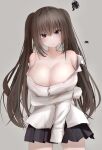  1girl arm_under_breasts bare_shoulders black_skirt blue_eyes blush breasts brown_hair buttons cleavage closed_mouth collarbone cowboy_shot embarrassed furrowed_brow grey_background hair_between_eyes head_tilt highres large_breasts long_hair long_sleeves looking_at_viewer metae no_bra off_shoulder original partially_unbuttoned pleated_skirt shirt simple_background skirt sleeves_past_wrists solo squiggle straight-on twintails white_shirt 