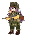  101st_airborne 1girl :3 alternate_costume animal_ears army blush boots brown_footwear closed_mouth coat combat_helmet commentary commentary_request english_commentary floppy_ears full_body gloves green_coat green_pants gun hair_between_eyes helmet highres hikibee holding holding_gun holding_weapon long_hair long_sleeves looking_at_viewer medium_bangs military_uniform pants patch purple_hair rabbit_ears rabbit_girl red_eyes reisen_udongein_inaba simple_background smile soldier solo submachine_gun thompson_submachine_gun touhou uniform very_long_hair weapon white_background yellow_gloves 