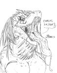  2018 anthro bodily_fluids breasts capcom cleavage clothed clothing dialogue drooling fan_character fanged_wyvern fangs female half-closed_eyes hi_res jagras looking_at_viewer marcushunter monster monster_hunter narrowed_eyes open_mouth saliva saliva_on_tongue saliva_string scales scalie signature solo talking_to_viewer teeth text tongue tongue_out 