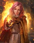  1girl bob_cut brooch brown_cloak burning cloak elden_ring embers facial_mark fire flaming_hand grey_tunic highres jashoang jewelry leather_belt looking_at_viewer medium_hair melina_(elden_ring) one_eye_closed outstretched_hand pink_hair reaching reaching_towards_viewer yellow_eyes 