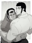  2boys bara beard black_hair blush buzz_cut collared_shirt couple face_to_pecs facial_hair from_above goatee_stubble golden_kamuy greyscale hairy highres hug kon_likes_corn large_pectorals long_sideburns looking_at_viewer looking_back male_focus mature_male monochrome multiple_boys muscular muscular_male ogata_hyakunosuke pectorals shirt short_hair sideburns tanigaki_genjirou thick_eyebrows very_short_hair yaoi 