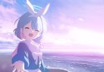  1girl arona_(blue_archive) artist_request beach blue_archive blue_hair blue_serafuku blue_shirt blurry blurry_background bow bow_hairband braid choker cloud cloudy_sky colored_inner_hair facing_viewer game_cg hair_over_one_eye hairband halo highres light_blue_hair long_sleeves multicolored_hair official_art open_mouth puffy_long_sleeves puffy_sleeves ribbon sailor_collar school_uniform serafuku shirt single_braid sky solo spoilers white_bow white_choker white_hairband white_ribbon white_sailor_collar 