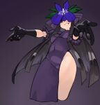  1girl black_eyes black_gloves black_hair breasts china_dress chinese_clothes commentary covered_navel cowboy_shot cropped_legs dress elbow_gloves flower flower_on_head gloves grin highres leaning_back long_hair looking_at_viewer medium_breasts one_eye_covered purple_background purple_dress purple_flower qwas69 reaching reaching_towards_viewer sidelocks smile solo touhou very_long_hair yomotsu_hisami 