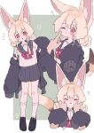  1girl 1other ? absurdres animal_ear_fluff animal_ears black_footwear black_jacket blonde_hair blue_sailor_collar blue_skirt blush border bow cheek_poking closed_eyes closed_mouth commentary_request disembodied_limb double_bun fox_ears fox_girl fox_tail green_background hair_bun hands_on_another&#039;s_cheeks hands_on_another&#039;s_face highres jacket jacket_partially_removed kneehighs loafers long_sleeves megateru miniskirt multiple_views nose_blush notice_lines one_eye_closed open_clothes open_jacket original outside_border pleated_skirt poking puffy_long_sleeves puffy_sleeves red_bow red_eyes sailor_collar sailor_shirt school_uniform serafuku shirt shirt_bow shoes short_hair short_sleeves simple_background skirt sleeve_cuffs sleeves_past_fingers sleeves_past_wrists socks standing tail white_border white_shirt white_socks 