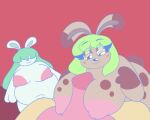 animated animatio anthro blue_body blue_hair brown_body duo ears_up female genitals green_hair hair lagomorph leporid low_res male male/female mammal obese obese_anthro obese_female overweight overweight_anthro overweight_female penis rabbit startlin 