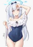  1girl absurdres arm_up artist_name ass_visible_through_thighs blue_archive blue_one-piece_swimsuit blush bow collarbone covered_navel frilled_one-piece_swimsuit frills grey_hair groin hair_bow halo highres long_hair looking_at_viewer miyako_(blue_archive) miyako_(swimsuit)_(blue_archive) official_alternate_costume one-piece_swimsuit ponytail signature simple_background solo swimsuit thigh_gap towel_on_arm van.elv very_long_hair white_background white_towel 