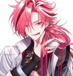  1boy chimachi copyright_request earrings fate/grand_order fate_(series) hand_up highres jacket jewelry long_hair long_sleeves looking_at_viewer lower_teeth_only male_focus multicolored_hair open_clothes open_jacket open_mouth pink_eyes pink_hair red_eyes simple_background solo streaked_hair takasugi_shinsaku_(fate) teeth tongue tongue_out twitter_username upper_body watermark white_background white_hair white_jacket 