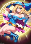  1girl bare_shoulders blonde_hair blue_footwear blue_headwear blush boots breasts cleavage collarbone commentary_request dark_magician_girl duel_monster green_eyes hair_between_eyes hat highres holding holding_wand kinnan large_breasts looking_at_viewer magic_circle revision solo wand wizard_hat yu-gi-oh! 