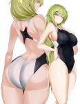  1girl absurdres alternate_costume ass back_cutout bare_shoulders black_one-piece_swimsuit blush breasts closed_mouth clothing_cutout commission girls&#039;_frontline green_eyes hair_ornament highleg highleg_swimsuit highres large_breasts looking_at_viewer maruyaa_(malya1006) mk48_(girls&#039;_frontline) multiple_views one-piece_swimsuit red_eyes skeb_commission smile swimsuit thighs white_background 