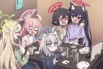  5girls ahoge animal_ear_fluff animal_ears ayane_(blue_archive) black_hair blue_archive blue_eyes blue_halo blush cat_ears closed_eyes cross_hair_ornament fang glasses green_halo grey_hair hair_between_eyes hair_ornament halo highres hoshino_(blue_archive) light_brown_hair long_hair medium_hair multiple_girls nonomi_(blue_archive) open_mouth pink_hair pink_halo pointy_ears red-framed_eyewear red_eyes red_halo serika_(blue_archive) shiroko_(blue_archive) short_hair smile twintails wagashi928 wolf_ears 