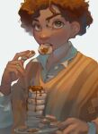  1boy arepa brown_hair buttons camilo_madrigal collarbone curly_hair dark-skinned_male dark_skin dcanine_(blackdo70460708) encanto fingerless_gloves food food_in_mouth freckles gloves highres holding holding_food holding_plate long_sleeves male_focus plate poncho shirt short_hair solo upper_body white_background white_shirt 