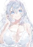  1girl absurdres blue_eyes blush breasts cleavage collarbone dress grey_hair hair_between_eyes highres huge_breasts kou_mashiro long_hair looking_at_viewer mole mole_under_mouth original see-through_cleavage simple_background smile solo upper_body very_long_hair white_background white_dress 