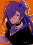  1girl black_choker black_shirt breasts choker cleavage closed_mouth collarbone commentary fire_emblem fire_emblem:_three_houses fire_emblem_warriors:_three_hopes hair_bun hair_over_one_eye highres long_hair looking_at_viewer medium_breasts nzmnnkk one_eye_covered orange_background purple_eyes purple_hair shez_(female)_(fire_emblem) shez_(fire_emblem) shirt short_sleeves simple_background single_hair_bun smile solo 