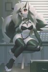  2023 anthro black_body black_fur breasts canid canid_demon cleavage clothed clothing demon female fur hellhound helluva_boss loona_(helluva_boss) mammal miles_df multicolored_body multicolored_fur red_sclera solo white_body white_eyes white_fur 