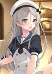  black_jacket black_neckerchief blue_eyes blue_sailor_collar commission dress grey_hair hair_between_eyes hallway hat jacket javelin_(kancolle) kanden_sky kantai_collection long_hair loose_hair_strand neckerchief photo_background pixiv_commission sailor_collar sailor_hat short_sleeves smile upper_body white_dress white_headwear 