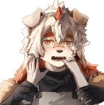  2022 absurd_res anthro arknights canid canine canis delidi domestic_dog duo fur hair hi_res horn human hung_(arknights) hypergryph long_hair looking_at_viewer male mammal open_mouth simple_background studio_montagne tan_body tan_fur white_body white_fur white_hair 