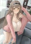  1girl akita_hika blush breasts brown_hair camisole chair cleavage green_eyes hairband highres indoors large_breasts long_hair long_sleeves looking_at_viewer mole mole_on_breast original parted_lips short_shorts shorts solo sweat table thighs very_long_hair 