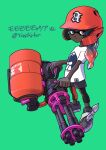  1boy baseball_helmet black_footwear blue_hair commentary_request dark-skinned_male dark_skin gatling_gun gradient_hair green_background grey_eyes gun heavy_splatling_(splatoon) helmet highres holding holding_gun holding_weapon inkling inkling_boy multicolored_hair orange_hair shirt shoes simple_background solo splatoon_(series) splatoon_3 standing two-tone_hair weapon white_shirt xdies_ds 