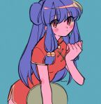  1girl aqua_background artist_name blush_stickers breasts chinese_clothes closed_mouth hair_belt hair_between_eyes highres holding looking_at_viewer menma_(enaic31) ranma_1/2 red_eyes shampoo_(ranma_1/2) simple_background solo twitter_username 