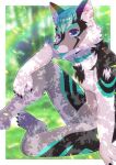  animal_ear_fluff animal_ears blue_eyes blurry blurry_background claws colored_tongue commentary_request commission depth_of_field furry green_hair green_tongue knee_up kou_hiyoyo original shadow sitting skeb_commission solo 