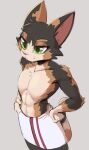  anthro arm_tuft biscuit_(cooliehigh) black_body black_fur calico_cat cheek_tuft chest_tuft cooliehigh domestic_cat elbow_tuft eyebrows facial_tuft featureless_chest felid feline felis fur green_eyes grey_background hand_on_hip hands_on_hips male male_anthro mammal multicolored_body multicolored_fur muscular orange_body orange_eyebrows orange_fur pink_nose portrait shadow simple_background solo standing tan_body tan_fur three-quarter_portrait towel towel_around_waist towel_only tuft whiskers 