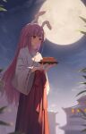  1girl absurdres animal_ears closed_mouth danica12y feet_out_of_frame full_moon hakama hakama_skirt highres holding holding_tray japanese_clothes kosode long_hair mid-autumn_festival miko moon night night_sky purple_hair rabbit_ears red_eyes red_hakama red_skirt reisen_udongein_inaba skirt sky smile solo touhou tray very_long_hair 