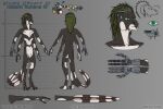 2022 3_fingers 3_toes 4_arms 4_eyes alien anthro biped black_body chart color_swatch colored countershading darth_biomech english_text featureless_crotch feet fingers green_eyes green_hair hair height_chart hekaht_ruhane hi_res leaving_the_cradle male model_sheet multi_arm multi_eye multi_limb nude prosthetic prosthetic_arm prosthetic_limb raharr signature solo tail text toes white_body white_countershading 