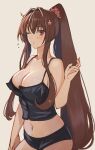  1girl blush breasts brown_eyes brown_hair cleavage collarbone flying_sweatdrops grey_background hair_between_eyes highres kantai_collection kasumi_(skchkko) large_breasts long_hair navel one_eye_closed parted_lips ponytail sidelocks simple_background solo upper_body very_long_hair yamato_(kancolle) 