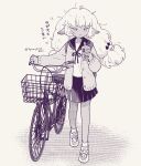  1girl :t animal_ears bell bicycle bicycle_basket bow bubble_tea cardigan closed_mouth cup disposable_cup drinking_straw full_body hair_bell hair_bow hair_ornament hands_up holding holding_cup horizontal_pupils long_hair long_sleeves low_twintails monochrome neck_ribbon open_cardigan open_clothes original pleated_skirt ribbon sailor_collar school_uniform serafuku sheep_ears sheep_girl shoes skirt sneakers socks solo terayamaden translation_request twintails twitter_username walking walking_bike 