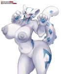  2023 anthro big_breasts blue_eyes blush breasts chien-pao female fur generation_9_pokemon girlsay hi_res huge_breasts legendary_pokemon looking_at_viewer nintendo nipples nude pokemon pokemon_(species) pubes solo white_body white_fur 