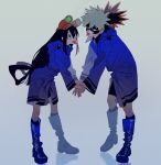  asui_tsuyu bakugou_katsuki blonde_hair blue_jacket blue_theme boku_no_hero_academia couple eisuri explosion eye_mask frog_girl gloves green_eyes green_hair grey_background jacket red_eyes the_lovers_(tarot) 