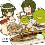  1girl bird blush_stickers braid chopsticks closed_eyes cooking duck eating fish fuu_(ozu_(oz_yarimasu)) green_eyes green_hair grill grilling guu_(ozu_(oz_yarimasu)) hachimaki hair_bobbles hair_ornament hand_fan headband highres holding holding_fan no_mouth original ozu_(oz_yarimasu) saury shichirin twin_braids white_background 