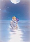  1boy 1girl blonde_hair boku_no_hero_academia chizodazou closed_eyes cloud hand_on_another&#039;s_back hand_on_another&#039;s_neck highres hug jirou_kyouka kaminari_denki kiss moon moonlight night night_sky ocean purple_hair shirt shooting_star short_hair sky water wet wet_clothes white_shirt 