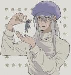 1boy 1other androgynous blue_scarf ging_freecss hair_between_eyes hat hunter_x_hunter kite_(hunter_x_hunter) long_hair long_sleeves looking_at_another mini_person miniboy pants scarf shirt short_hair turban upper_body very_long_hair white_background white_hair white_pants white_shirt ybmghj222 