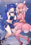  2girls :d ;d air_bubble aqua_eyes bare_arms bare_legs bare_shoulders blue_hair blunt_bangs braid braided_sidelock breasts bubble coelacanth_(kemono_friends) collarbone commentary dark_blue_hair double_v fins fish_girl gradient_hair hair_between_eyes head_fins highres japanese_pancake_devilfish_(kemono_friends) kemono_friends large_breasts long_hair long_sleeves looking_at_viewer medium_breasts medium_hair midriff multicolored_hair multiple_girls navel one_eye_closed open_mouth pantyhose pink_hair pink_pantyhose smile tadano_magu twin_braids underwater v very_long_hair white_hair wrist_guards yellow_eyes 
