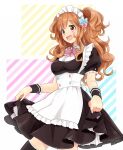  1girl alternate_costume apron black_dress black_thighhighs blush bow bowtie dress enmaided idolmaster idolmaster_cinderella_girls long_hair maid maid_apron maid_headdress messy_hair moroboshi_kirari multicolored_background one_side_up orange_hair pink_bow pink_bowtie puffy_short_sleeves puffy_sleeves saito_katuo short_sleeves skirt_hold smile solo thighhighs very_long_hair white_apron wrist_cuffs 