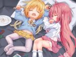  2girls absurdres aged_down blonde_hair finger_in_own_mouth highres holding holding_spoon kantai_collection kindergarten_uniform lego_brick logiclr long_hair multiple_girls navel pantyhose pillow pink_hair plate satsuki_(kancolle) sleeping spoon twintails uzuki_(kancolle) white_pantyhose 