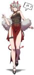  1girl absurdres antennae arknights bare_shoulders belt black_belt breasts commentary_request double_bun dress feather_boa full_body grey_hair grin hair_bun highres horns looking_at_viewer medium_breasts official_alternate_costume orange_eyes samacho short_hair sleeveless sleeveless_dress smile solo standing tail thigh_strap thighs w_(arknights) 