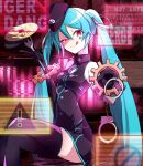  ! 1girl :p absurdres aqua_hair black_dress black_gloves black_headwear black_thighhighs caution cd commentary crossed_legs cuffs dress facial_tattoo feet_out_of_frame foreshortening fork gears glitch gloves hadu_oekaki half-closed_eyes handcuffs hat hatsune_miku highres holding holding_fork holding_handcuffs hologram looking_at_viewer no_entry_sign pointing pointing_at_viewer red_eyes road_sign sadistic_music_factory_(vocaloid) scanlines sign sitting sleeveless sleeveless_dress solo tattoo thighhighs tongue tongue_out twintails vocaloid warning_sign 