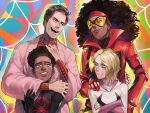  2boys 2girls black_hair blue_eyes dark-skinned_female dark-skinned_male dark_skin earrings gwen_stacy jessica_drew_(spider-man:_across_the_spider-verse) jewelry marvel miles_morales mozu_suka multiple_boys multiple_girls silk smile spider-gwen spider-man spider-man:_across_the_spider-verse spider-man_(miles_morales) spider-man_(series) spider_web sunglasses superhero 