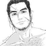  1boy bara beard_stubble chest_hair collarbone dutch_angle golden_kamuy isomine looking_at_viewer mature_male nude rikimatsu_ariko scar scar_on_cheek scar_on_face smile solo thick_eyebrows upper_body 