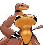  abs anthro big_breasts bra breasts choker claws cleavage clothed clothing dragon female gonda hi_res jewelry looking_at_viewer looking_down_at_viewer muscular muscular_female necklace nipple_outline panties red_eyes scalie simple_background solo underwear white_background 