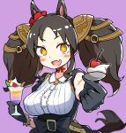  +_+ 1girl :d animal_ears black_gloves black_hair breasts drill_hair drill_sidelocks fang food gloves hair_ornament hair_scrunchie highres holding holding_food holding_spoon horse_ears horse_girl horse_tail ice_cream large_breasts long_hair looking_at_viewer marvelous_sunday_(umamusume) oishi_oiru orange_eyes purple_background red_scrunchie scrunchie shirt sidelocks simple_background skin_fang smile solo spoon sundae tail twintails umamusume white_shirt 