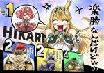  1girl 3boys animal_ears armlet blonde_hair bowser breasts cape character_name claws crown donkey_kong_(series) eyepatch flying_sweatdrops highres horns kicdon king_k._rool laughing looking_at_viewer mario_(series) multiple_boys mythra_(massive_melee)_(xenoblade) mythra_(xenoblade) open_mouth pointing pyra_(xenoblade) red_hair spiked_armlet star_fox super_smash_bros. tears tiara translation_request wolf_ears wolf_o&#039;donnell xenoblade_chronicles_(series) xenoblade_chronicles_2 